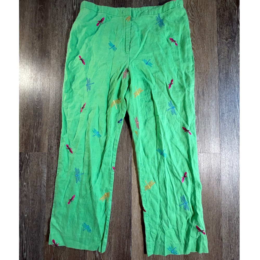 Kim Rogers Linen Pants Womens L Green Dragonfly Embroidered Straight Leg